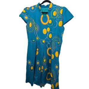 Blue African Print Short-Sleeve Boho Cottagecore Fair Dress Multicolor Circle‎ P